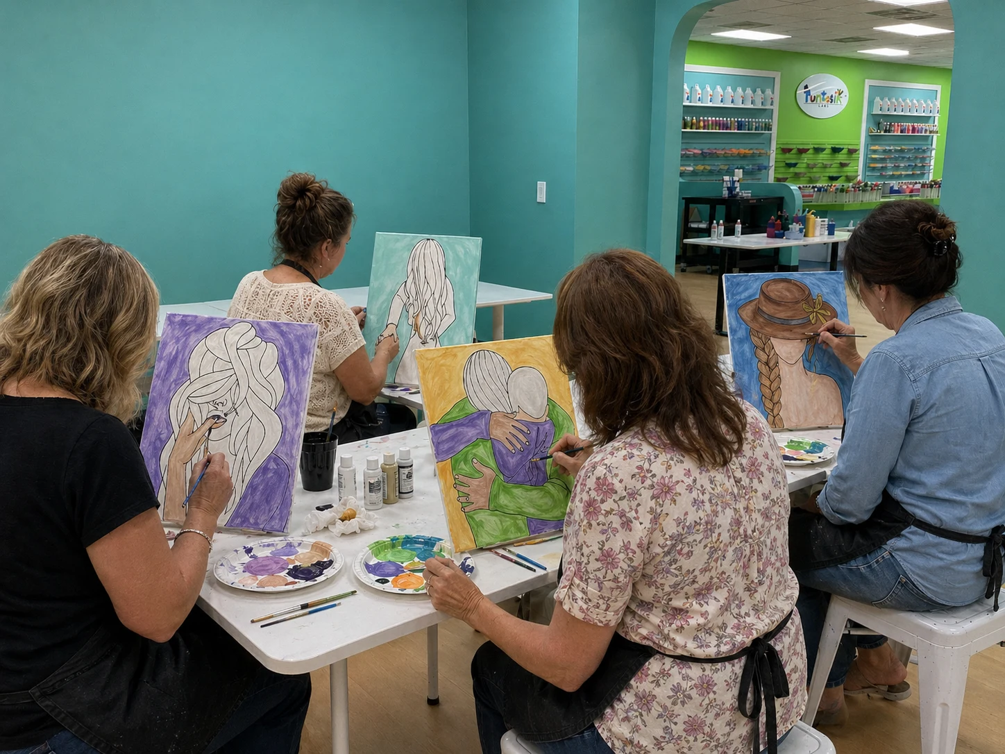 A group of adults painting individual canvases together at Funtastik Labs