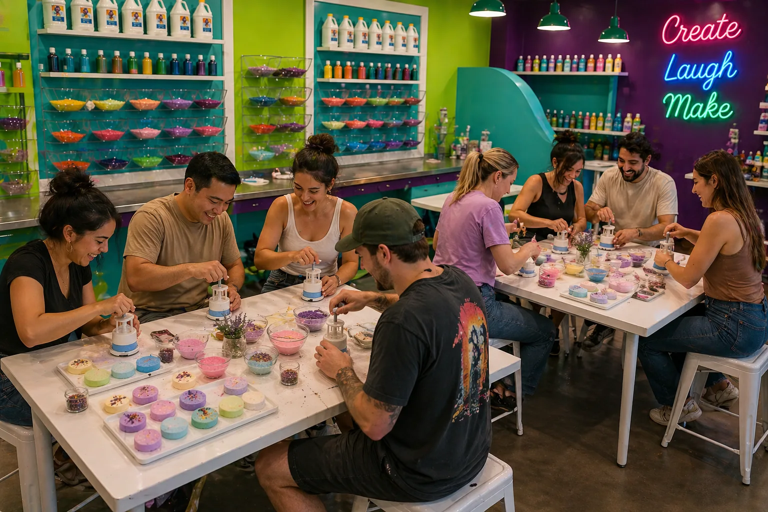 An adult group making colorful bath bombs together