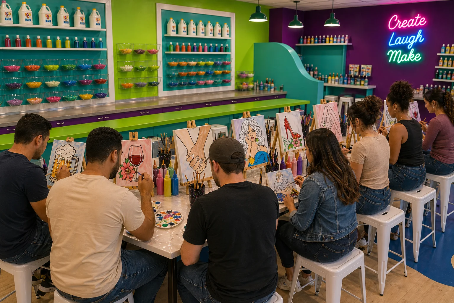 An adult group painting individual canvases together at Funtastik Labs