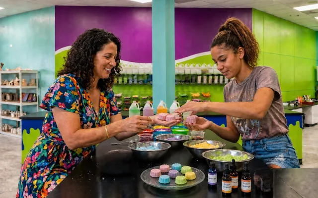 A mother and teenage daughter making colorful bath bombs together at Funtastik Labs