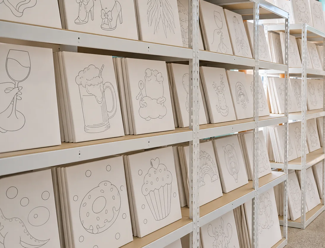 Shelves displaying a selection of upright pre-drawn canvases at Funtastik Labs