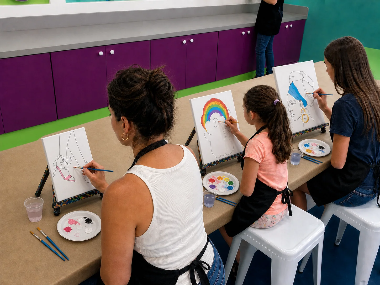An adult, teenager, and child painting pre-drawn canvases with individual palettes and brushes at Funtastik Labs