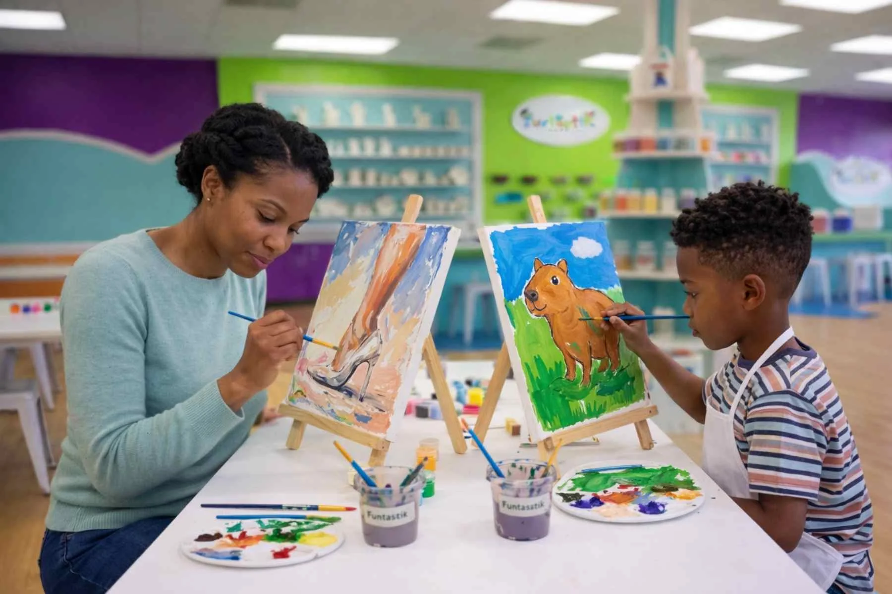 Family painting a pre-drawn canvas together