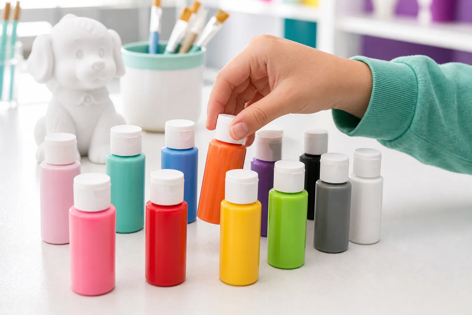 A customer choosing from colorful unlabeled acrylic paint bottles