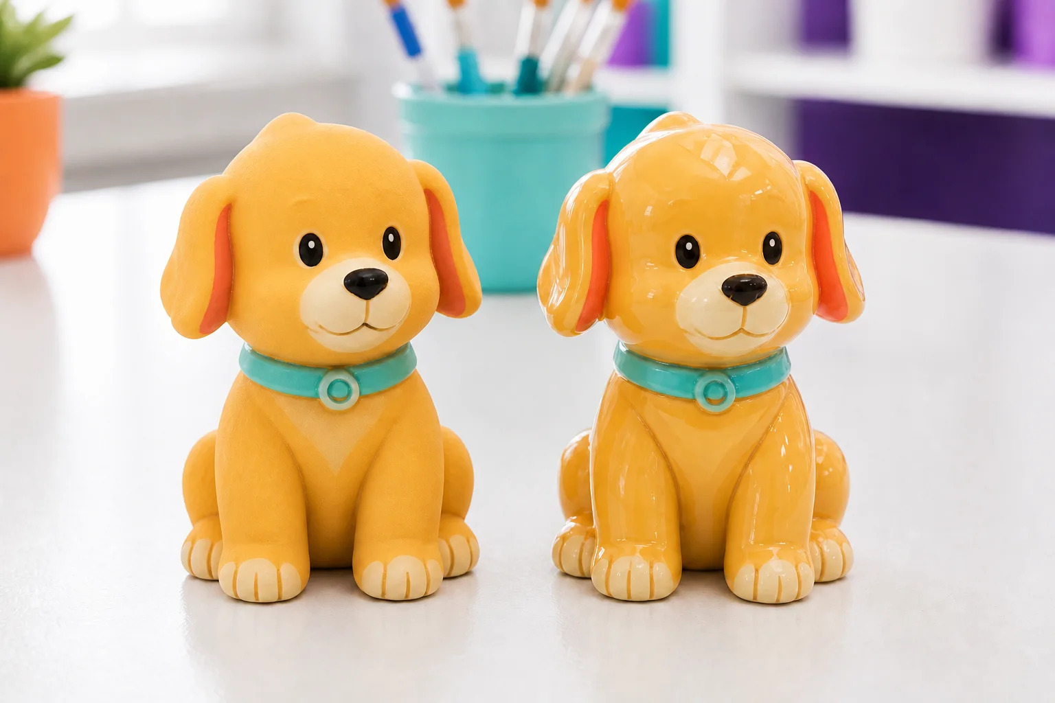 Two identically painted ceramic dog figurines, one matte and one with a glossy finish