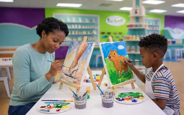 A parent and child painting pre-drawn canvases together at Funtastik Labs