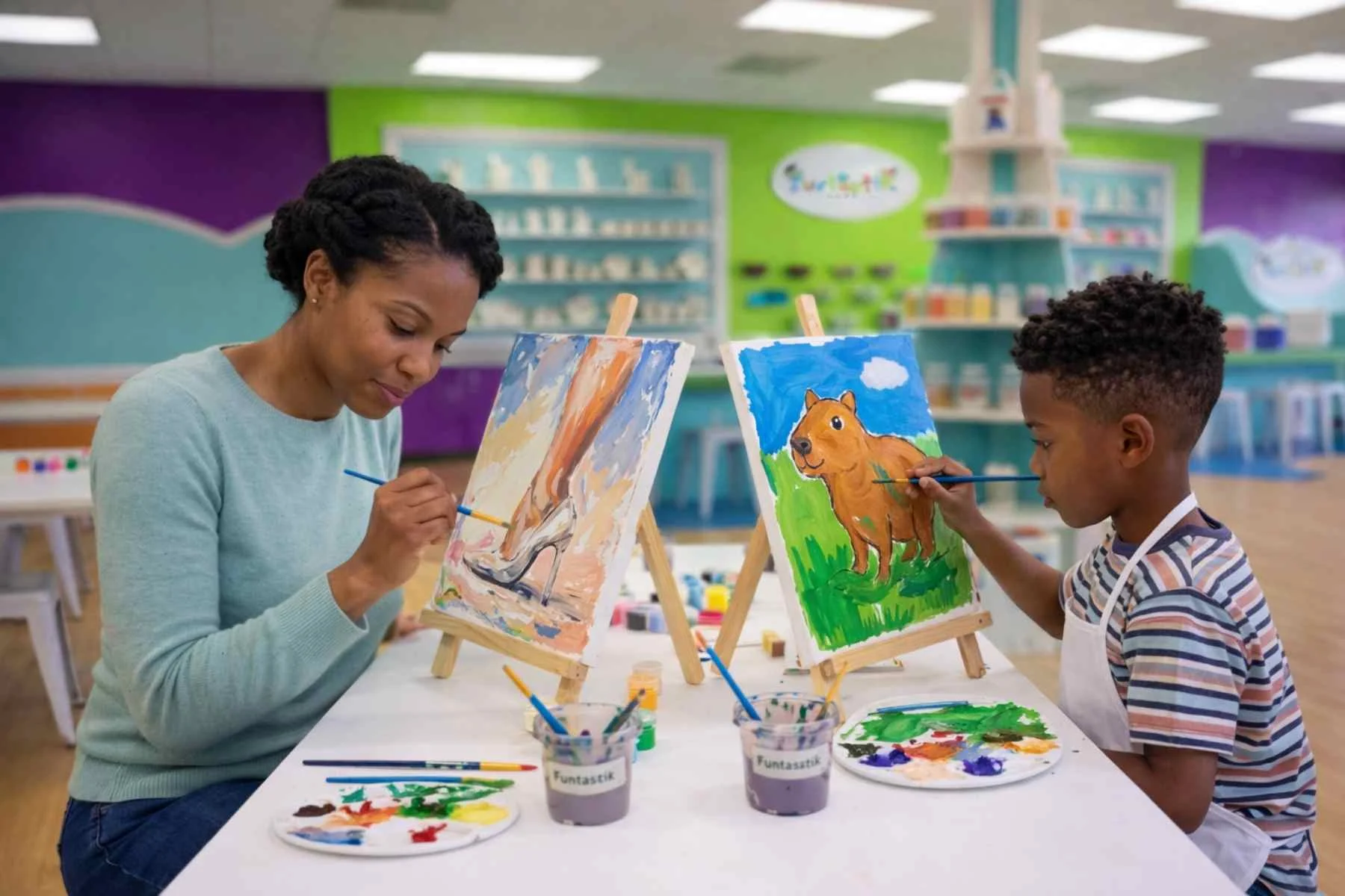 A parent and child painting pre-drawn canvases together at Funtastik Labs