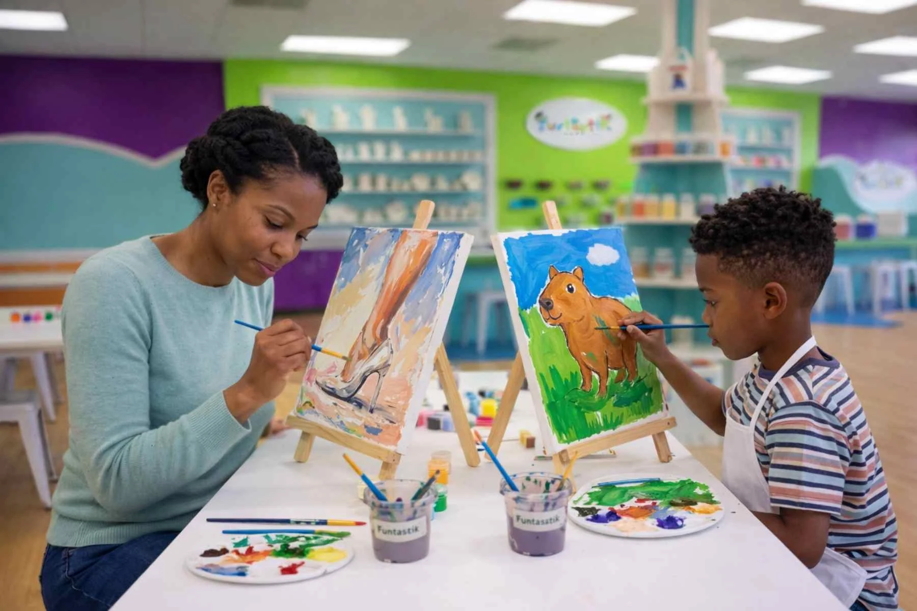 A parent and child painting pre-drawn canvases side by side at Funtastik Labs