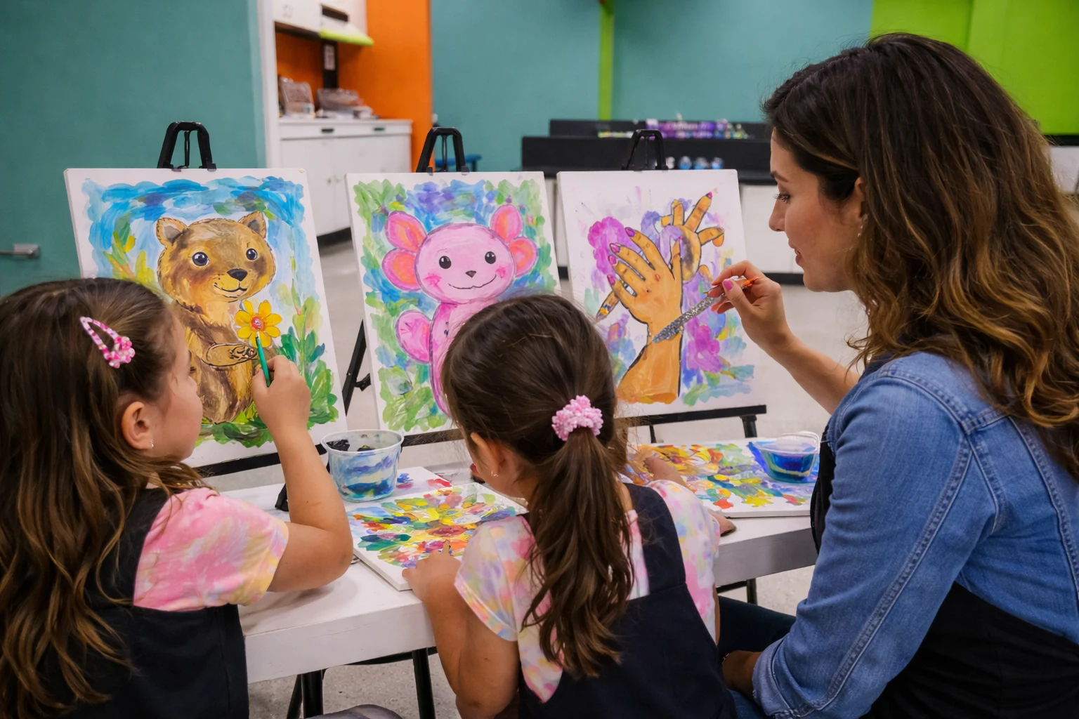 A parent and two children painting pre-drawn canvases together at Funtastik Labs