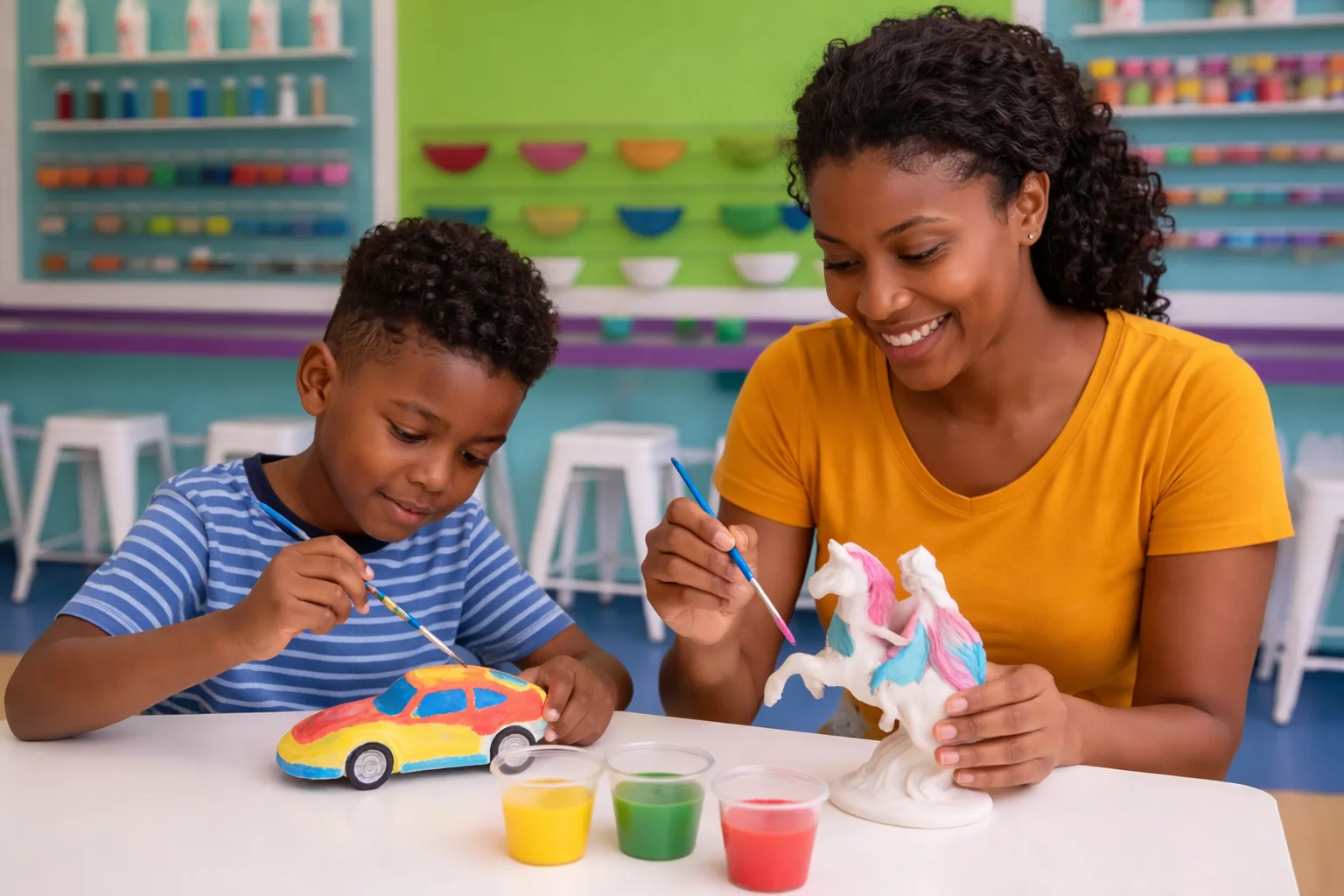 A parent and child painting ceramic figurines together at Funtastik Labs