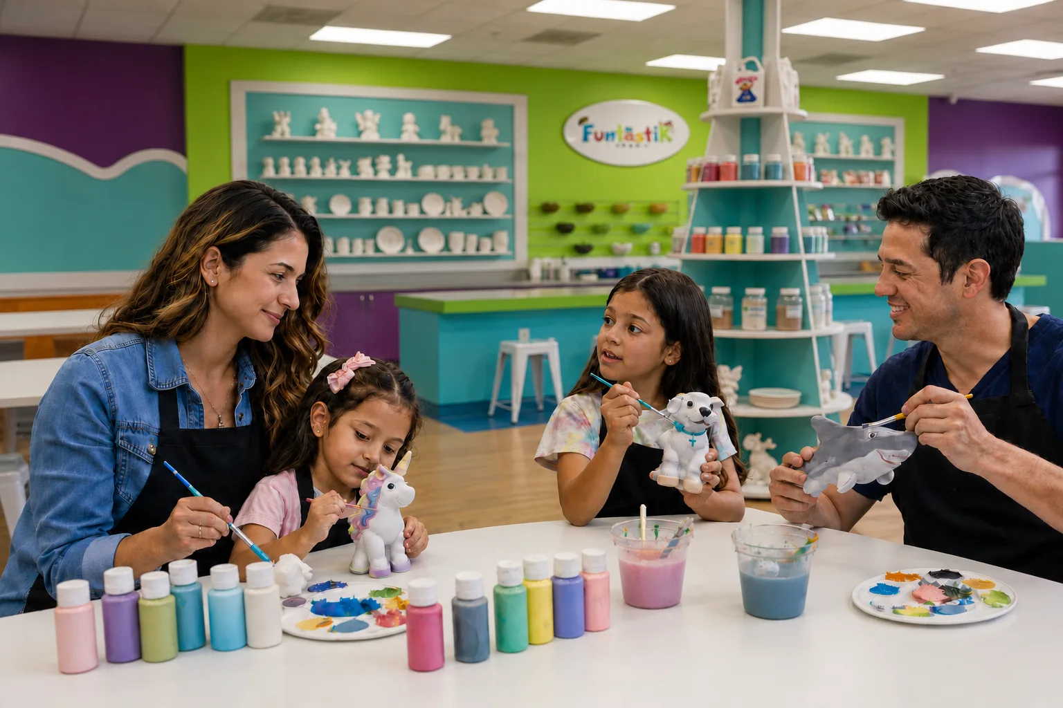 Adults and children painting ceramic figurines together