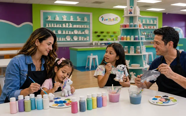 Parents and children painting colorful ceramic figurines together at Funtastik Labs