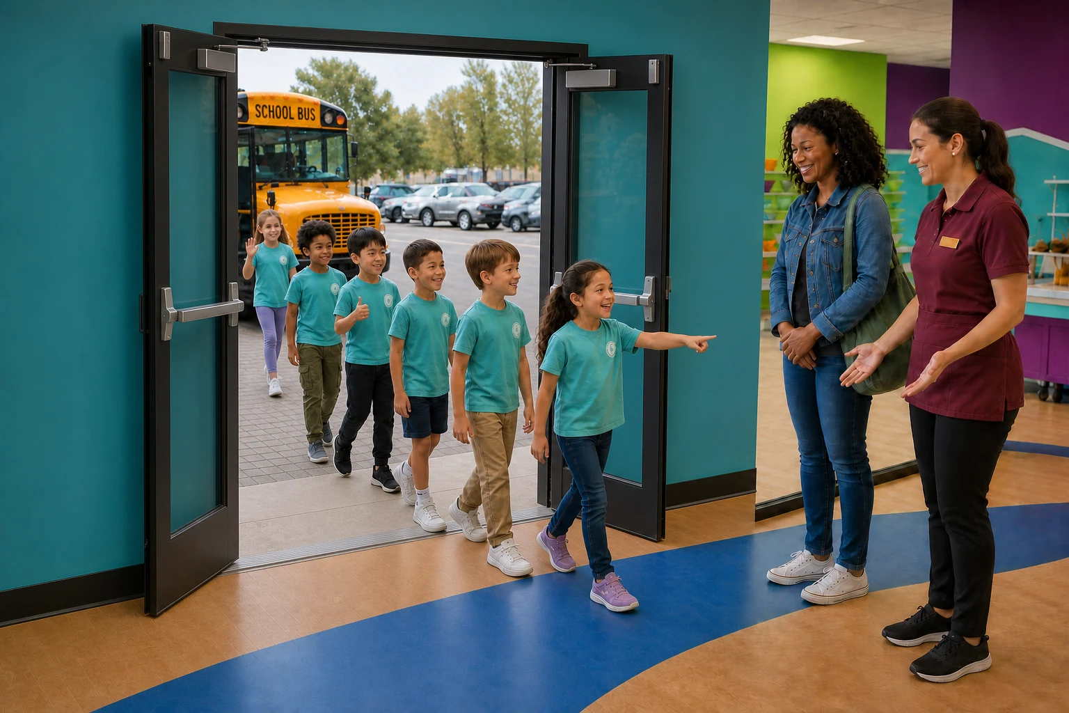 Students arriving by school bus for a Funtastik Labs field trip
