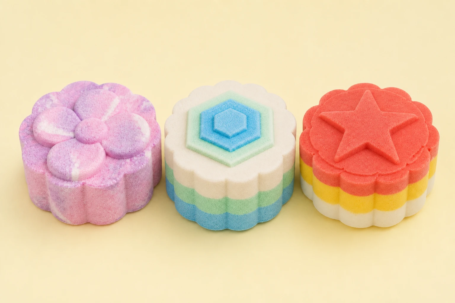 Three colorful bath bombs in flower, hexagon, and star shapes