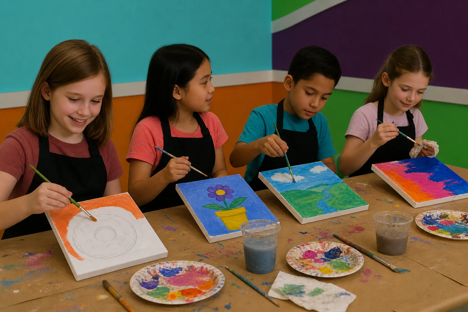 Homeschool students painting canvases together at Funtastik Labs