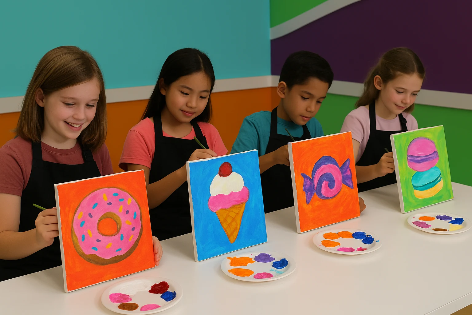 Homeschool students painting canvases together at Funtastik Labs