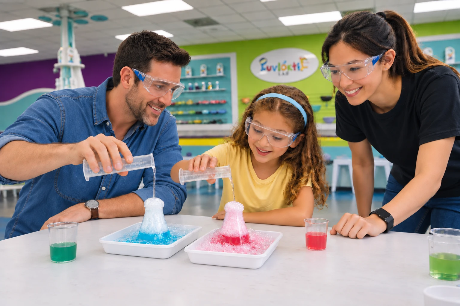 A family creating colorful bubbling experiments with safe lab equipment at Funtastik Labs
