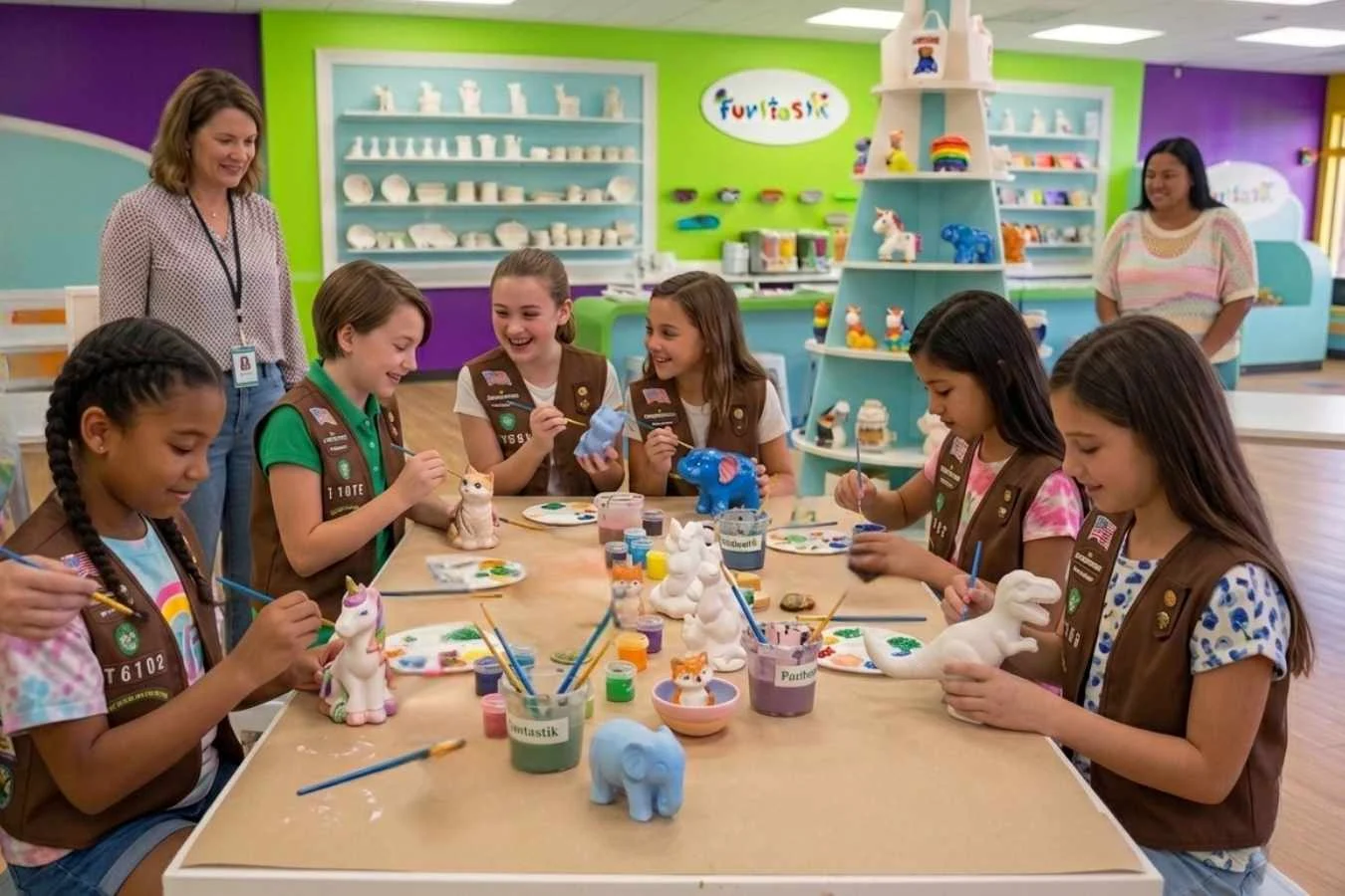Scouts painting ceramic animals with their troop leaders
