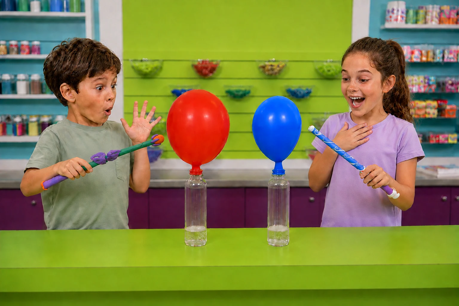 Two children holding colorful handmade wands during Wizard Lab at Funtastik Labs
