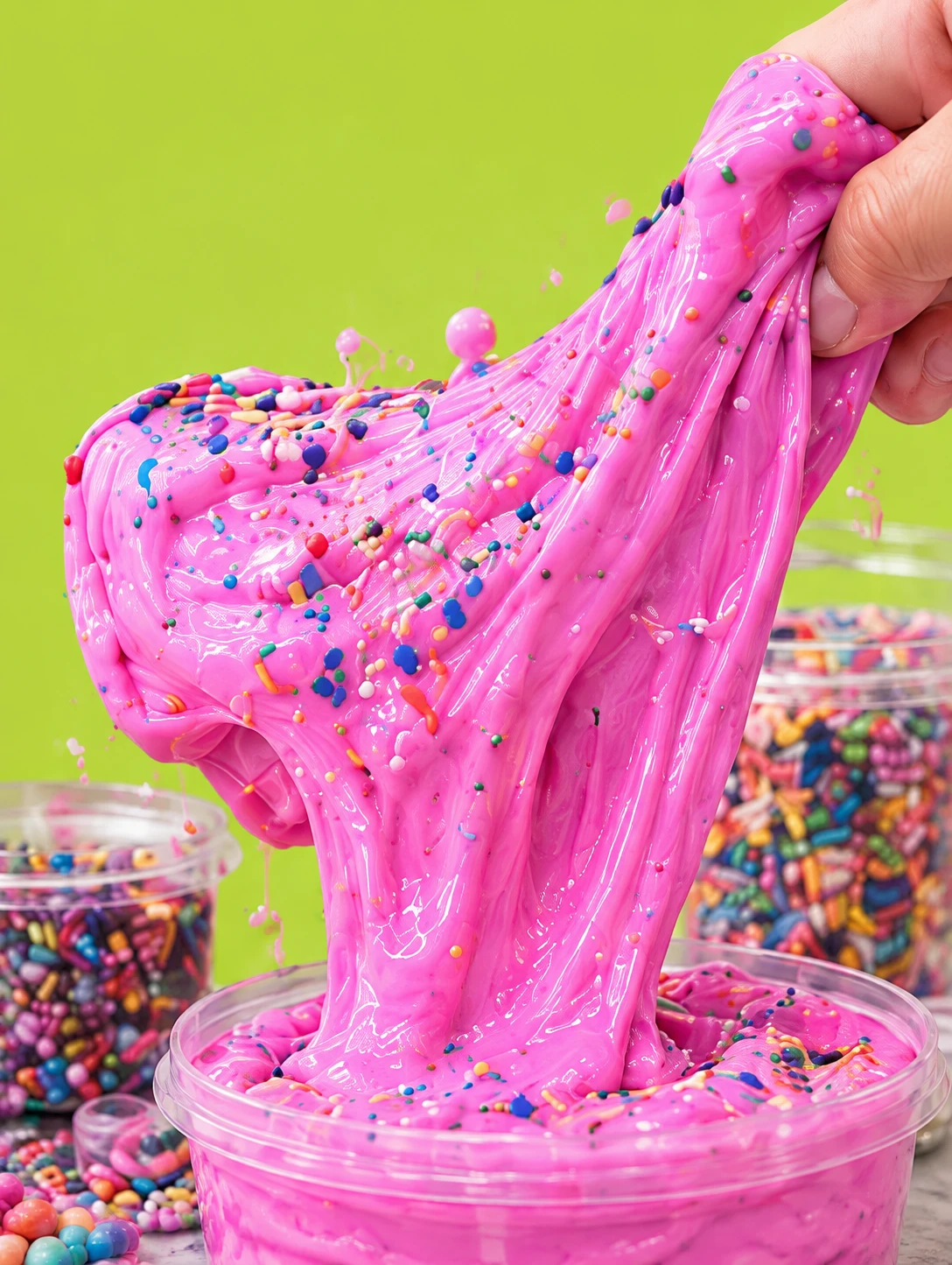 Bright pink slime stretching from a tub with colorful sprinkles