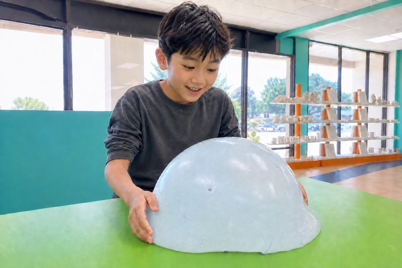 A child making a large pale-blue slime bubble on a studio table