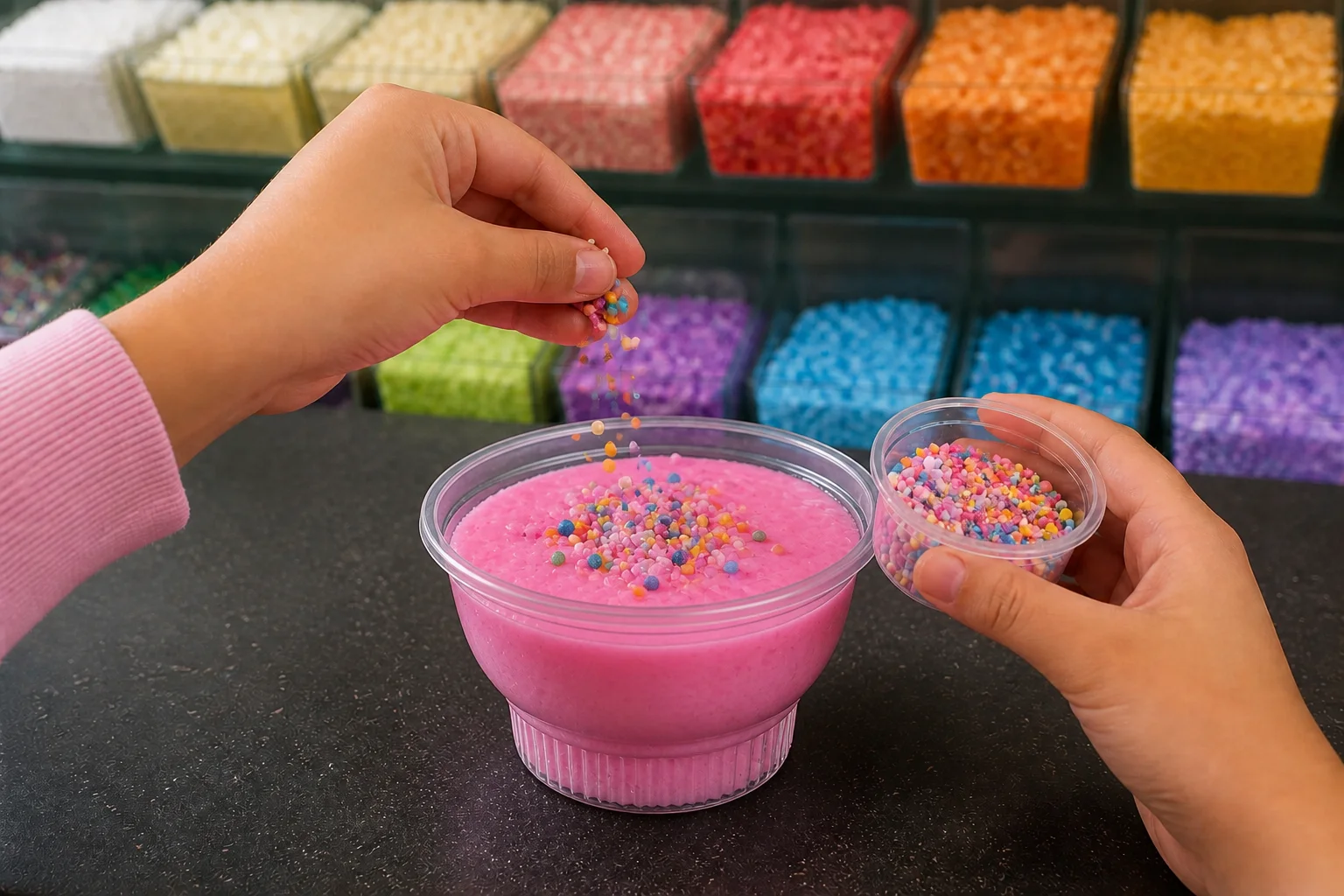 A young maker sprinkling colorful toppings onto pink slime