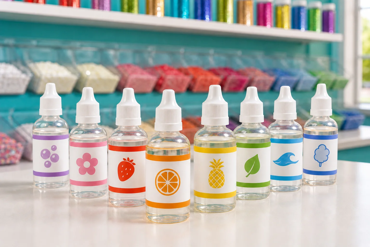 Eight small scent bottles with different color-coded labels displayed at the Slime Bar