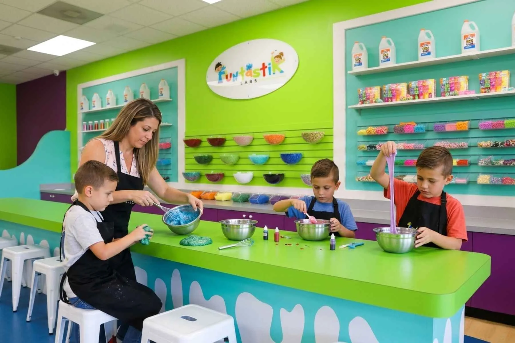 A family making colorful slime together at Funtastik Labs